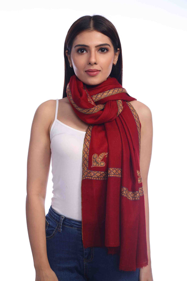 Maroon Pashmina with Needlework Border